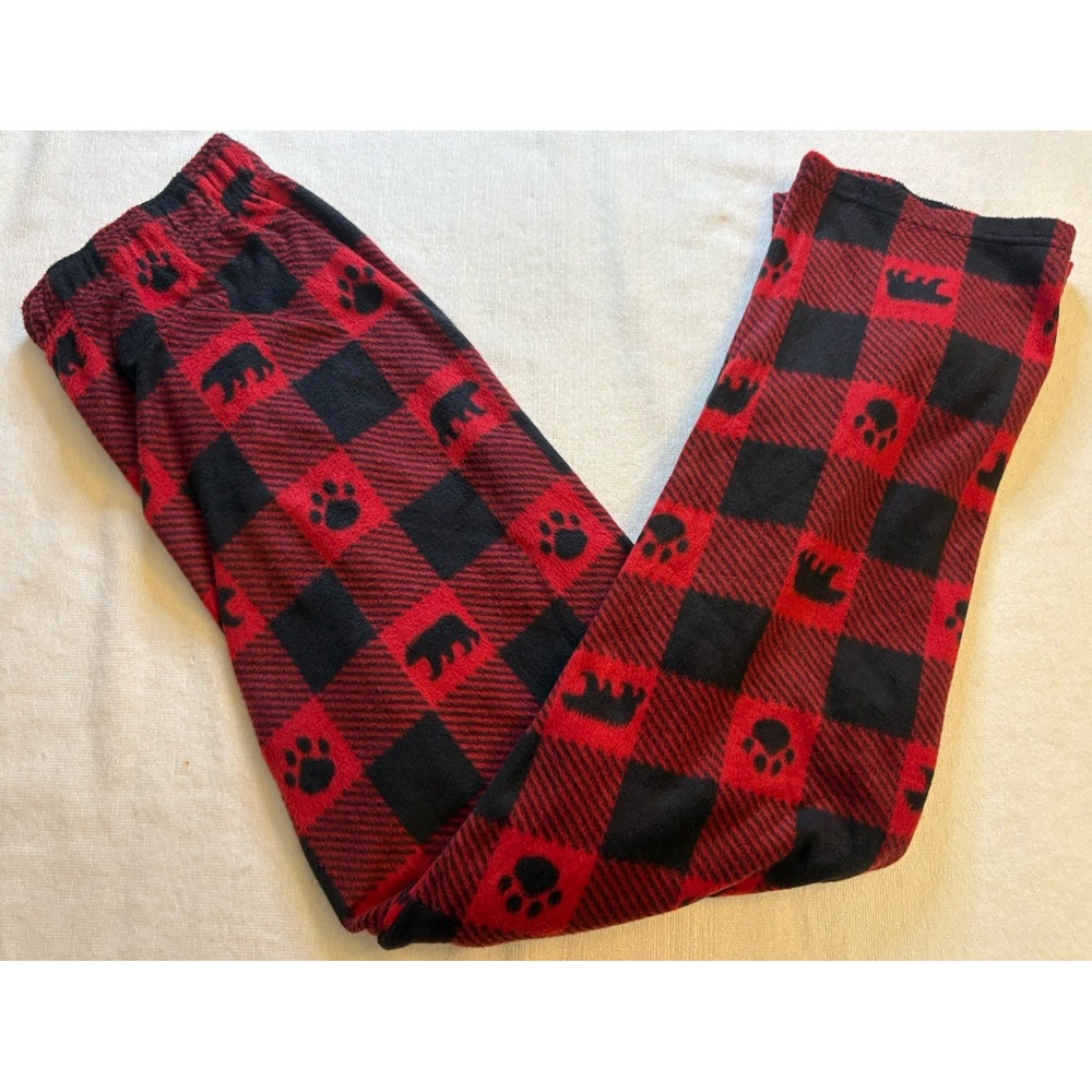 Cuddl Duds Fleece Lounge Pants Red Plaid Paw and Bear Pattern Drawstring Size L